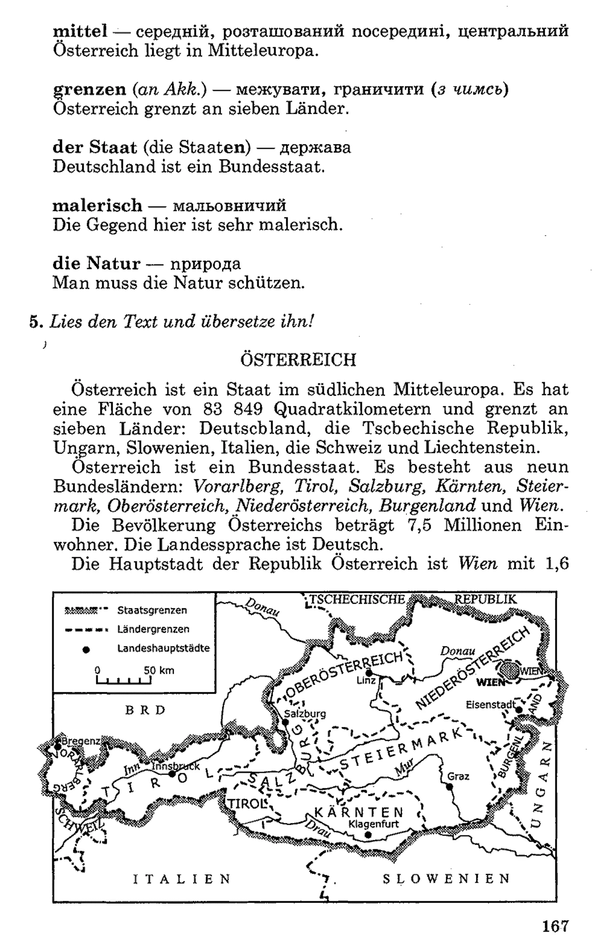 mittel — середній, розташований посередині, центральний
Österreich liegt in Mitteleuropa.
grenzen (<an Akk.) — межувати, граничити (з чимсь)
Österreich grenzt an sieben Länder.
der Staat (die Staaten) — держава
Deutschland ist ein Bundesstaat.
malerisch — мальовничий
Die Gegend hier ist sehr malerisch.
die Natur — природа
Man muss die Natur schützen.
5. Lies den Text und übersetze ihn!
ÖSTERREICH
Österreich ist ein Staat im südlichen Mitteleuropa. Es hat
eine Fläche von 83 849 Quadratkilometern und grenzt an
sieben Länder: Deutschland, die Tschechische Republik,
Ungarn, Slowenien, Italien, die Schweiz und Liechtenstein.
Österreich ist ein Bundesstaat. Es besteht aus neun
Bundesländern: Vorarlberg, Tirol, Salzburg, Kärnten, Steier­
mark, Oberösterreich, Niederösterreich, Burgenland und Wien.
Die Bevölkerung Österreichs beträgt 7,5 Millionen Ein­
wohner. Die Landessprache ist Deutsch.
Die Hauptstadt der Republik Österreich ist Wien mit 1,6
167
 