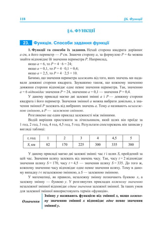 118 §6. Функції
§ 6. ФУНКЦІЇ
1. Функції та способи їх задання. Нехай сторона квадрата дорівнює
а см, а його периметр — Р см. Знаючи сторону а, за формулою P = 4а можна
знайти відповідне їй значення периметра P. Наприклад,
якщо а = 6, то P = 4 · 6 = 24;
якщо а = 0,1, то P = 4 · 0,1 = 0,4;
якщо а = 2,5, то P = 4 · 2,5 = 10.
Бачимо, що значення периметра залежать від того, яких значень ми нада-
вали довжині сторони квадрата. Зауважимо також, що кожному значенню
довжини сторони відповідає одне певне значення периметра. Так, значенню
а = 6 відповідає значення P = 24, значенню а = 0,1 — значення P = 0,4.
У даному прикладі маємо дві залежні змінні а і P — довжину сторони
квадрата і його периметр. Значення змінної а можна вибрати довільно, а зна-
чення змінної Р залежать від вибраних значень а. Тому а називають незалеж-
ною змінною, а Р — залежною змінною.
Розглянемо ще один приклад залежності між змінними.
Водій вирішив простежити за лічильником, який шлях він проїде за
1 год, 2 год, 3 год, 4 год, 4,5 год, 5 год. Результати спостережень він записав у
вигляді таблиці:
У даному прикладі маємо дві залежні змінні: час t і шлях S, пройдений за
цей час. Значення шляху залежать від значень часу. Так, часу t = 2 відповідає
значення шляху S = 170, часу t = 4,5 — значення шляху S = 335. До того ж,
кожному значенню часу відповідає одне певне значення шляху. Тому в дано-
му випадку t є незалежною змінною, а S — залежною змінною.
У математиці, як правило, незалежну змінну позначають буквою х, а
залежну змінну — буквою у. У розглянутих прикладах кожному значенню
незалежної змінної відповідає єдине значення залежної змінної. За таких умов
для залежної змінної використовують термін «функція».
t, год 1 2 3 4 4,5 5
S, км 82 170 225 300 335 380
Означення
Змінну у називають функцією від змінної х, якщо кожно-
му значенню змінної х відповідає одне певне значення
змінної у.
 