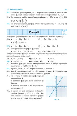 25. Лінійна функція 141
843. Побудуйте графік функції у = 2х. Користуючись графіком, знайдіть зна-
чення функції, які відповідають таким значення аргументу: –1,5; 2,5.
844. Чи належить графіку прямої пропорційності у = 14х точка: A(–2; –28);
B(0,5; 7); ?
845. Які з точок належать графіку прямої пропорційності у = –4х: K(4; –1);
M(0,3; –1,2); N(0; –4)?
Побудуйте графіки функцій та знайдіть координати точки їх перетину:
846. а) у = 4х – 1 і у = 2х + 2; б) у = –3х + 2 і у = х – 2;
в) і у = 1.
847. а) у = 3х – 2 і у = 2х – 1; б) у = –х + 2 і у = 1,5х + 2.
848. Чи перетинаються графіки функцій:
а) у = –2,5х + 1 і у = 2,5х – 1; б) у = 2х + 2 і у = 2х + 3?
Не будуючи графік функції, знайдіть координати точок його перетину з ося-
ми координат та нулі функції:
849. а) у = –1,6х + 4; б) у = 0,3х – 21; в) у = –8.
850. а) у = 8 – 2,5х; б) у = –1,6х + 4,8; в) у = 6.
851. Запишіть формулу прямої пропорційності, якщо її графік проходить
через точку: а) (1; 17); б) (–2; –4).
852. Функція у = kх для х = 2 набуває значення 7. Знайдіть k.
853. Знайдіть значення функції y = 2,5x, якщо х = –2 та х = 4. Порівняйте дані
значення аргументів і відповідні значення функції.
854. На рисунку 31 зображено графік прямої
пропорційності.
а) Запишіть формулу, якою задається ця
функція.
б) Вкажіть значення у, які відповідають
значенням х ≥ 0.
855. В одній системі координат побудуйте
графіки функцій у = 3,5 та у = 2х. Для
яких значень х точки першого графіка
лежать вище від точок другого графіка?
Рис. 31
 