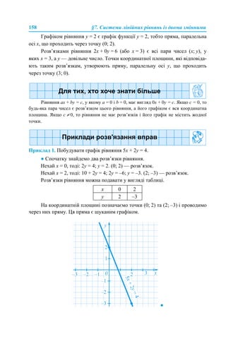 158 §7. Системи лінійних рівнянь із двома змінними
Графіком рівняння y = 2 є графік функції y = 2, тобто пряма, паралельна
осі х, що проходить через точку (0; 2).
Розв’язками рівняння 2x + 0y = 6 (або х = 3) є всі пари чисел (х; y), у
яких х = 3, а у — довільне число. Точки координатної площини, які відповіда-
ють таким розв’язкам, утворюють пряму, паралельну осі у, що проходить
через точку (3; 0).
Рівняння aх + by = c, у якому а = 0 і b = 0, має вигляд 0х + 0y = c. Якщо с = 0, то
будь-яка пара чисел є розв’язком цього рівняння, а його графіком є вся координатна
площина. Якщо с ≠ 0, то рівняння не має розв’язків і його графік не містить жодної
точки.
Приклад 1. Побудувати графік рівняння 5х + 2y = 4.
● Спочатку знайдемо два розв’язки рівняння.
Нехай х = 0, тоді: 2y = 4; y = 2. (0; 2) — розв’язок.
Нехай х = 2, тоді: 10 + 2y = 4; 2y = –6; y = –3. (2; –3) — розв’язок.
Розв’язки рівняння можна подавати у вигляді таблиці.
На координатній площині позначаємо точки (0; 2) та (2; –3) і проводимо
через них пряму. Ця пряма є шуканим графіком.
●
х 0 2
y 2 –3
 