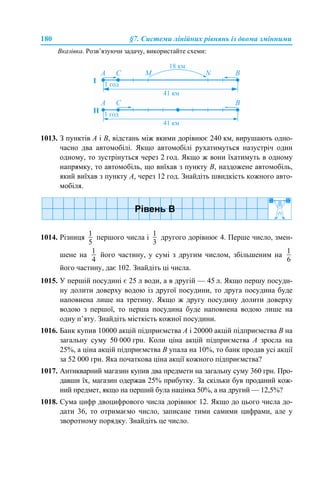 180 §7. Системи лінійних рівнянь із двома змінними
Вказівка. Розв’язуючи задачу, використайте схеми:
1013. З пунктів A і B, відстань між якими дорівнює 240 км, вирушають одно-
часно два автомобілі. Якщо автомобілі рухатимуться назустріч один
одному, то зустрінуться через 2 год. Якщо ж вони їхатимуть в одному
напрямку, то автомобіль, що виїхав з пункту B, наздожене автомобіль,
який виїхав з пункту A, через 12 год. Знайдіть швидкість кожного авто-
мобіля.
1014. Різниця першого числа і другого дорівнює 4. Перше число, змен-
шене на його частину, у сумі з другим числом, збільшеним на
його частину, дає 102. Знайдіть ці числа.
1015. У першій посудині є 25 л води, а в другій — 45 л. Якщо першу посуди-
ну долити доверху водою із другої посудини, то друга посудина буде
наповнена лише на третину. Якщо ж другу посудину долити доверху
водою з першої, то перша посудина буде наповнена водою лише на
одну п’яту. Знайдіть місткість кожної посудини.
1016. Банк купив 10000 акцій підприємства А і 20000 акцій підприємства В на
загальну суму 50 000 грн. Коли ціна акцій підприємства А зросла на
25%, а ціна акцій підприємства В упала на 10%, то банк продав усі акції
за 52 000 грн. Яка початкова ціна акції кожного підприємства?
1017. Антикварний магазин купив два предмети на загальну суму 360 грн. Про-
давши їх, магазин одержав 25% прибутку. За скільки був проданий кож-
ний предмет, якщо на перший була націнка 50%, а на другий — 12,5%?
1018. Сума цифр двоцифрового числа дорівнює 12. Якщо до цього числа до-
дати 36, то отримаємо число, записане тими самими цифрами, але у
зворотному порядку. Знайдіть це число.
 