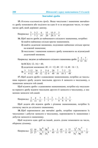208 Відомості з курсу математики 5–6 класів
Звичайні дроби
15. Основна властивість дробу. Якщо чисельник і знаменник звичайно-
го дробу помножити або поділити на одне й те ж натуральне число, то отри-
маємо дріб, який дорівнює даному.
Наприклад: .
16. Щоб звести дроби до найменшого спільного знаменника, потрібно:
1) знайти найменше спільне кратне знаменників;
2) знайти додаткові множники, поділивши найменше спільне кратне
на кожний знаменник;
3) чисельник і знаменник кожного дробу помножити на відповідний
додатковий множник.
Наприклад: зведемо до найменшого спільного знаменника дроби
1) НСК(4; 12; 16) = 48;
2) додаткові множники: 48 : 4 = 12; 48 : 12 = 4; 48 : 16 = 3;
3) ; ; .
17. Щоб додати дроби з однаковими знаменниками, потрібно до чисель-
ника першого дробу додати чисельник другого й записати в чисельнику, а
знаменник записати той самий.
Щоб відняти дроби з однаковими знаменниками, потрібно від чисельни-
ка першого дробу відняти чисельник другого й записати в чисельнику, а зна-
менник записати той самий.
Наприклад: ; ; .
Щоб додати або відняти дроби з різними знаменниками, потрібно їх
спочатку звести до спільного знаменника.
18. Щоб перемножити два звичайні дроби, потрібно перемножити їх
чисельники і добуток записати в чисельнику, перемножити їх знаменники і
добуток записати в знаменнику.
Щоб поділити один дріб на інший, досить ділене помножити на число,
обернене дільнику.
Наприклад: ; .
 