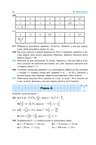 36 §2. Цілі вирази
135.
136.
137. Швидкість автомобіля дорівнює 75 км/год. Запишіть у вигляді виразу
шлях, який автомобіль проїде за t год.
138. На склад завезли n мішків борошна по 50 кг у кожному. Запишіть у ви-
гляді виразу масу всього завезеного борошна. Знайдіть значення цього
виразу, якщо n = 48.
139. Робітник за день виготовляє 32 деталі. Запишіть у вигляді виразу кіль-
кість деталей, які робітник виготовить за k днів. Знайдіть значення цьо-
го виразу, якщо k = 5.
140. З ділянки, площа якої дорівнює а га, господарство зібрало по 38 ц пшениці
з гектара, а з ділянки, площа якої дорівнює b га, — по 42 ц. Запишіть у
вигляді виразу масу пшениці, зібраної господарством з обох ділянок.
141. Майстерня закупила 50 м тканини по а грн. за метр і 30 м тканини по
b грн. за метр. Запишіть у вигляді виразу вартість усієї тканини.
Знайдіть значення виразу:
142. а) якщо a = 16,17; b =
б) якщо m = n =
143. а) якщо х = у =
б) якщо а = b = 2.
144. За формулою S = vt знайдіть шлях (у кілометрах), якщо:
а) v = 75 км/год; t = 0,6 год; б) v = 75 км/год; t = 20 хв;
в) v = 20 м/с; t = 2 год; г) v = 900 м/хв; t = 25 с.
х 5 7 1 –2 –4 10
у 2 –1 0 3 –0,5 –1
х – 2y
b –2 0 0,5 1 3 3,5
 