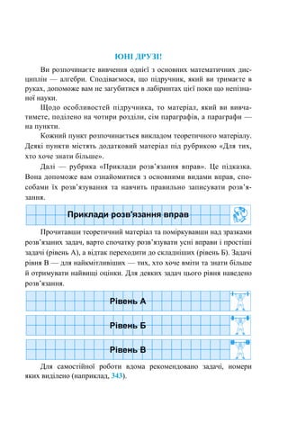 ЮНІ ДРУЗІ!
Ви розпочинаєте вивчення однієї з основних математичних дис-
циплін — алгебри. Сподіваємося, що підручник, який ви тримаєте в
руках, допоможе вам не загубитися в лабіринтах цієї поки що непізна-
ної науки.
Щодо особливостей підручника, то матеріал, який ви вивча-
тимете, поділено на чотири розділи, сім параграфів, а параграфи —
на пункти.
Кожний пункт розпочинається викладом теоретичного матеріалу.
Деякі пункти містять додатковий матеріал під рубрикою «Для тих,
хто хоче знати більше».
Далі — рубрика «Приклади розв’язання вправ». Це підказка.
Вона допоможе вам ознайомитися з основними видами вправ, спо-
собами їх розв’язування та навчить правильно записувати розв’я-
зання.
Прочитавши теоретичний матеріал та поміркувавши над зразками
розв’язаних задач, варто спочатку розв’язувати усні вправи і простіші
задачі (рівень А), а відтак переходити до складніших (рівень Б). Задачі
рівня В — для найкмітливіших — тих, хто хоче вміти та знати більше
й отримувати найвищі оцінки. Для деяких задач цього рівня наведено
розв’язання.
Для самостійної роботи вдома рекомендовано задачі, номери
яких виділено (наприклад, 343).
 