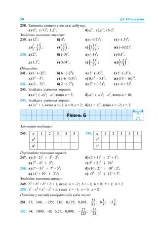 50 §3. Одночлени
238. Запишіть степені у вигляді добутку:
а) 64
; (–7)6
; 1,25
; б) a5
; (2х)3
; (bc)4
.
Знайдіть значення степеня:
239. а) 122
; б) 44
; в) (–0,7)3
; г) (–1,5)4
;
д) е) є) ж) (–0,02)3
.
240. а) 25
; б) (–3)4
; в) (–1)5
; г) 0,43
;
д) 1,13
; е) 0,043
; є) ж)
Обчисліть:
241. а) 6 · (–2)4
; б) 6 · (–24
); в) 5 · (–3)3
; г) 5 · (–33
);
д) 53
– 52
; е) (–6 · 0,5)5
; є) 0,13
– 0,12
; ж) (15 – 16)10
.
242. а) (3 – 7)4
; б) 2 · (–73
); в) 26
+ (–3)3
; г) (–4 + 3)9
.
243. Знайдіть значення виразів:
а) а2
; (–а)2
; –а2
, якщо а = 3; б) а3
; (–а)3
; –а3
, якщо а = 10.
244. Знайдіть значення виразу:
а) 2а3
+ 1, якщо а = –2; а = 0; а = 2; б) (х + 1)4
, якщо х = –2; х = 2.
Заповніть таблицю:
Порівняйте значення виразів:
247. а) (5 · 2)2
і 52
· 22
; б) (2 + 3)3
і 23
+ 33
;
в) 74
– 64
і 54
; г) 53
+ 213
і 263
.
248. а) (7 – 5)2
і 72
– 52
; б) (10 : 2)3
і 103
: 23
;
в) 142
+ 192
і 332
; г) 124
– 35
і 123
+ 36
.
Знайдіть значення виразу:
249. b4
+ b3
+ b2
+ b + 1, якщо b = –2; b = –1; b = 0; b = 1; b = 2.
250. х5
– х4
+ х3
– х2
+ х, якщо х = –1; х = 0; х = 2.
Подайте у вигляді квадрата або куба числа:
251. 27; 144; –125; 216; 0,125; 0,001;
252. 64; 1000; –8; 6,25; 0,008;
245. n 1 2 3 4 5 246. n 1 2 3 4 5
n4
n3
4n
3n
 