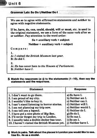 83îw y -' aS898M M I
Grammar Lab: So Do l/Neither Do I
We use so to agree with affirmative statements and neither to
agree with negative statements.
If be, have, do, can, could, should, will or must, etc. is used in
the original statement, we use a form of the same verb after so
or neither. Pay attention to the word order:
So + auxiliary verb + subject
Neither + auxiliary verb + subject
C o m p a r e :
1.
A: I visited the British Museum last year.
B: So did I.
2.
A: He has never been to the Houses of Parliament.
B: Neither have I.
5 Match the responses (a-j) to the statem ents (1-10), then say the
statem ents and the responses.
Statem ent Response
1 .1don’t want to go there.
2 .1am proud of my city.
3 .1wouldn’t like to buy it.
4 .1can’t stand listening to horror stories.
5 .1am not planning my trip now.
6 .1can tell you a legend.
7.1 have got a nice photo of Big Ben.
8. I’ll never forget my trip to London.
9 .1usually take a double-decker bus tour.
10.1haven’t visited the British Museum yet.
a) So have I.
b) Neither am I.
c) Neither can I.
d) Neither will I.
e) Neither would I.
f) Neither do I.
g) So do I.
h) So can I.
i) So am I.
j) Neither have I.
6 Work in pairs. Talk about the places In London you would like to see.
Use Ex. 4a as a model.
 