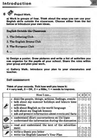 I n t r o d u c t i o n
Project Work.
a) Work in groups of four. Think about the ways you can use your
English skills outside the classroom. Choose either from the list
below or introduce your own ideas.
English Outside the Classroom
.
1. The Debating Club
2. The English Drama Club
3. The European Club
4. ...
«
;
b) Design a poster. Draw pictures and write a list of activities you
can organize for the pupils of your school. Share the roles within
your group and plan your work.
c) Gallery Walk. Introduce your plan to your classm ates and
teacher.
Self-assessment
Think of your records. Tick how well you know it:
4 = very well, 3 = OK, 2 = a little, 1 = needs to improve.
Now I can... 4 3 2 1
s
• describe people, things, actions, feelings, events
• talk about my summer holidays and leisure time
activities
• talk about English as the world language
• talk about my English lessons
• ask and present information about events and facts
□□□□□
□□□□□
□□□□□
□□□□□
Ф
• understand short conversations on the topic
• understand the information during the discussion
□ □ □ □
□ □ □ □
• read and understand the text of the advertise­
ment □ □ □ □
• write a thank-you letter
• write the English Learner’s Year Plan
□ □ □ □
□ □ □ □
 