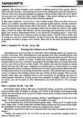 together. My father bought a new modern washing machine last month. Now I
like to do the laundry. You practically have to do nothing but put the laundry in
and out. My mum says that people are going to become lazy after all, but 1think
we can save our time for other useful things. I also enjoy taking my dog for a
walk. He is my real friend and we like playing together.
3. My name is Semen. I live in Lviv. Our family is big. There are five of us: my
father, my mother, my elder brother, my younger sister and me. All the members
in our family have their duties about the house. My elder brother always vacu­
ums the carpets and mats, my younger sister has to keep her dolls in the right
place. I have to water the flowers, do the cleaning and sometimes do the shop­
ping. Our central department store is my favourite shopping place. I don’t set
the table for dinner but 1always wash up after meals. I would like to take care
of a dog or a cat, but unfortunately, we don’t have any. My mum has promised
to present me with a puppy next month. This will be the best birthday present
ever!
Unit 1, Lessons 12-13, Ex. 1b (p. 43)
P a s s i n g t h e C u l t u r e o n t o C h ild r e n
Aborigines are native people of Australia. Storytelling makes up a large part
of their everyday life. Grandparents and parents tell their grandchildren and
children stories not only to entertain them but to educate them as well. They use
storytelling in a variety of ways. Traditional stories teach children how they
should behave and why, and they also pass on knowledge about everyday life such
as how and when to find certain foods. The adults also use the stories to teach
about heritage and the laws. Legends and myths pass on information to young
people about creation of plants, animals and humans, information about the trib­
al lands and means of travelling around the country'. The adults use every oppor­
tunity to educate the children about the way of life of their people. They tell the
stories when they are walking down to the waterhole or grinding up seeds to
make damper (bread) or sitting around the campfire at night. Once you become
an adult, you are to pass on the information you had learned to the younger
people.
Unit 1, Lesson 16, Ex. 1 (p. 50)
Everybody liked Julian. He had a wonderful brain, inventive and brilliant,
and he could make all kinds of things, and think of all kinds of amusing tricks
which he was always ready' to play in class as soon as he had got acquainted with
nil his classmates.
“It’s a shame you have so low grades, Julian,” said Elizabeth at the end of the
week. “You’ve got wonderful brains. You ought to be top!”
Julian looked at her with his brilliant green eyes. “What for?” he said in his
slow, deep voice. “I will remember neither history dates nor the name of the high­
est mountain in the world when I grow up. Lessons are a bore.”
Elizabeth remembered she was a monitor that was why she spoke seriously to
Julian.
“Julian, do work hard. Do try both to do your homework properly and to
behave well in class.”
TAPESCRIPTS
 