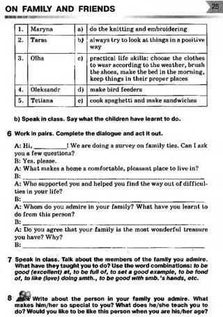 ON FAMILY AND FRIENDS
■■■!■!IIHillII1'—BBSS.
1. Maryna a) do the knitting and embroidering
2. Taras b) always try to look at things in a positive
way
3. Olha c) practical life skills: choose the clothes
to wear according to the weather, brush
the shoes, make the bed in the morning,
keep things in their proper places
4. Oleksandr d) make bird feeders
5. Tetiana e) cook spaghetti and make sandwiches
b) Speak in class. Say what the children have learnt to do.
6 Work in pairs. Complete the dialogue and act it out.
A: H i,_________ IWe are doing a survey on family ties. Can I ask
you a few questions?
B; Yes, please.
A: What makes a home a comfortable, pleasant place to live in?
B :_____________________________________________________
A: Who supported you and helped you find the way out of difficul­
ties in your life?
B: ___________________t______________________________
A: Whom do you admire in your family? What have you learnt to
do from this person?
B: _____________________________________________________
A: Do you agree that your family is the most wonderful treasure
you have? Why?
B :_____________________________________________________
I
7 Speak in class. Talk about the members of the family you admire.
What have they taught you to do? Use the word combinations: to be
good (excellent) at, to be full of, to set a good example, to be fond
of, to like (love) doing sm th., to be good with smb. ’s hands, etc.
8 Jggfr Write about the person in your family you admire. What
makes him/her so special to you? What does he/she teach you to
do? Would you like to be like this person when you are his/her age?
 