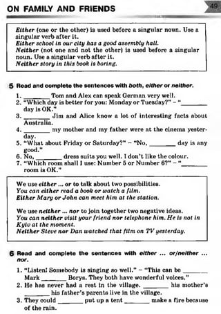 ON FAMILY AND FRIENDS
■jxsbbs
Either (one or the other) is used before a singular noun. Use a
singular verb after it.
Either school in our city has a good assembly hall.
Neither (not one and not the other) is used before a singular
noun. Use a singular verb after it.
Neither story in this book is boring.
5 Read and complete the sentences with both, either or neither.
1 . ______ Tom and Alex can speak German very well.
2. “Which day is better for you: Monday or Tuesday?” - “_______
day is OK.”
3 . ______ Jim and Alice know a lot of interesting facts about
Australia.
4 . ______ my mother and my father were at the cinema yester­
day.
5. “What about Friday or Saturday?” - “N o,_______ day is any
good.”
6. No,_______ dress suits you well. I don’t like the colour.
7. “Which room shall 1use: Number 5 or Number 6?” - “_______
room is OK.”6
We use either ... or to talk about two possibilities.
You can either read a book or watch a film.
Either Mary or John can meet him at the station.
We use neither ... nor to join together two negative ideas,
you can neither visit your friend nor telephone him. He is not in
Kyiv at the moment.
Neither Steve nor Dan watched that film on TV yesterday.
6 Read and com plete the sen ten ces with either ... or/neither ...
nor.
1. “ListenI Somebody is singing so well.” - “This can b e_______
Mark_______ Borys. They both have wonderful voices.”
2. He has never had a rest in the village. _______ his mother’s
_______ his father’s parents live in the village.
3. They could_______ put up a ten t________make a fire because
of the rain.
 