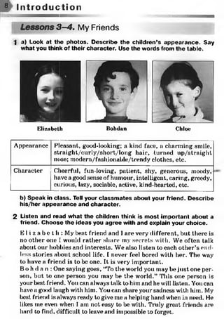 8 I n t r o d u c t i o n
Lessons 3—4. My Friends
1 a) Look at the photos. Describe the children’s appearance. Say
what you think of their character. Use the words from the table.
Elizabeth Bohdan Chloe
Appearance Pleasant, good-looking; a kind face, a charming smile,
straight/curly/short/long hair, turned up/straight
nose; modern/fashionable/trendy clothes, etc.
Character Cheerful, fun-loving, patient, shy, generous, moody-,
have a good sense of humour, intelligent, caring, greedy,
curious, lazy, sociable, active, kind-hearted, etc.
b) Speak in class. Tell your classm ates about your friend. Describe
his/her appearance and character.
2 Listen and read what the children think is most important about a
friend. Choose the ideas you agree with and explain your choice.
E l i z a b e t h : My best friend and 1are very different, but there is
no other one I would rather share my secrets with. We often talk
about our hobbies and interests. We also listen to each other’s end­
less stories about school life. I never feel bored with her. The way
to have a friend is to be one. It is very important.
B o h d a n : One saying goes, “To the world you may be just one per­
son, but to one person you may be the world.” This one person is
your best friend. You can always talk to him and he will listen. You can
have a gcxxi laugh with him. You can share your sadness with him. My
best friend is always ready to give me a helping hand when in need. He
likes me even when I am not easy to lx?with. Truly great friends are
hard to find, difficult to leave and impossible to forget.
 