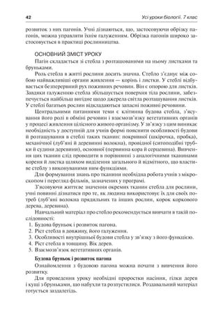 42	 Усі уроки біології. 7 клас
розвиток з них пагонів. Учні дізнаються, що, застосовуючи обрізку па-
гонів, можна управляти їхнім галуженням. Обрізка пагонів широко за-
стосовується в практиці рослинництва.
Основний зміст уроку
Пагін складається зі стебла з розташованими на ньому листками та
бруньками.
Роль стебла в житті рослини досить значна. Стебло з’єднує між со-
бою найважливіші органи живлення — корінь і листки. У стеблі відбу-
вається безперервний рух поживних речовин. Він є опорою для листків.
Завдяки галуженню стебла збільшується поверхня тіла рослини, забез-
печується найбільш вигідне щодо джерела світла розташування листків.
У стеблі багатьох рослин відкладаються запасні поживні речовини.
Центральними питаннями теми є клітинна будова стебла, з’ясу-
вання його ролі в обміні речовин і взаємозв’язку вегетативних органів
у процесі живлення цілісного живого організму. У зв’язку з цим виникає
необхідність у доступній для учнів формі пояснити особливості будови
й розташування в стеблі таких тканин: покривної (шкірочка, пробка),
механічної (луб’яні й деревинні волокна), провідної (ситоподібні труб-
ки й судини деревини), основної (первинна кора й серцевина). Вивчен-
ня цих тканин слід проводити в порівнянні з аналогічними тканинами
кореня й листка шляхом виділення загального й відмітного, що власти-
ве стеблу з виконуваними ним функціями.
Для формування знань про тканини необхідна робота учнів з мікро-
скопом і перегляд фільмів, зазначених у програмі.
З’ясовуючи життєве значення окремих тканин стебла для рослини,
учні повинні дізнатися про те, як людина використовує їх для своїх по-
треб (луб’яні волокна прядильних та інших рослин, корок коркового
дерева, деревина).
Навчальний матеріал про стебло рекомендується вивчати в такій по-
слідовності:
1.	Будова бруньок і розвиток пагона.
2.	Ріст стебла в довжину, його галуження.
3.	Особливості внутрішньої будови стебла у зв’язку з його функцією.
4.	Ріст стебла в товщину. Вік дерев.
5.	Взаємозв’язок вегетативних органів.
Будова бруньок і розвиток пагона
Ознайомлення з будовою пагона можна почати з вивчення його
розвитку.
Для проведення уроку необхідні проростки насіння, гілки дерев
і кущі з бруньками, що набухли та розпустилися. Роздавальний матеріал
готується заздалегідь.
 