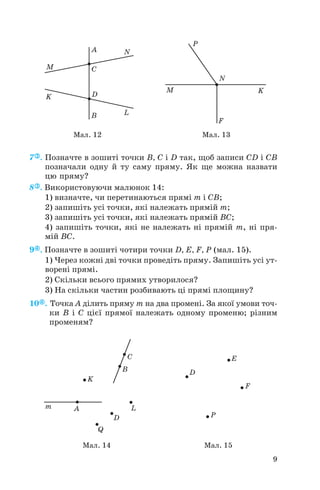 7 . Позначте в зошиті точки B, C і D так, щоб записи CD і CB
позначали одну й ту саму пряму. Як ще можна назвати
цю пряму?
8 . Використовуючи малюнок 14:
1) визначте, чи перетинаються прямі m і CB;
2) запишіть усі точки, які належать прямій m;
3) запишіть усі точки, які належать прямій BC;
4) запишіть точки, які не належать ні прямій m, ні пря
мій BC.
9 . Позначте в зошиті чотири точки D, E, F, P (мал. 15).
1) Через кожні дві точки проведіть пряму. Запишіть усі ут
ворені прямі.
2) Скільки всього прямих утворилося?
3) На скільки частин розбивають ці прямі площину?
10 . Точка A ділить пряму m на два промені. За якої умови точ
ки B і C цієї прямої належать одному променю; різним
променям?
9
Мал. 12 Мал. 13
Мал. 14 Мал. 15
 
