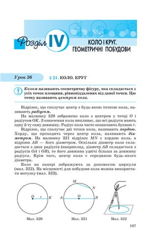 § 21. КОЛО. КРУГ
Колом називають геометричну фігуру, яка складається з
усіх точок площини, рівновіддалених від даної точки. Цю
точку називають центром кола.
Відрізок, що сполучає центр з будь якою точкою кола, на
зивають радіусом.
На малюнку 320 зображено коло з центром у точці О і
радіусом OK. З означення кола випливає, що всі радіуси мають
одну й ту саму довжину. Радіус кола часто позначають буквою r.
Відрізок, що сполучає дві точки кола, називають хордою.
Хорду, що проходить через центр кола, називають діа
метром. На малюнку 321 відрізок MN є хордою кола, а
відрізок AB — його діаметром. Оскільки діаметр кола скла
дається з двох радіусів (наприклад, діаметр AB складається з
радіусів OA і OB), то його довжина удвічі більша за довжину
радіуса. Крім того, центр кола є серединою будь якого
діаметра.
Коло на папері зображують за допомогою циркуля
(мал. 322). На місцевості для побудови кола можна використа
ти мотузку (мал. 323).
107
Урок 36
Мал. 320 Мал. 321 Мал. 322
 