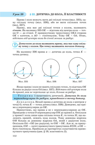 § 22. ДОТИЧНА ДО КОЛА, ЇЇ ВЛАСТИВОСТІ
Пряма і коло можуть мати дві спільні точки (мал. 335), од
ну спільну точку (мал. 336), або не мати спільних точок
(мал. 337).
Пряму, яка має дві спільні точки з колом, називають
січною. На малюнку 335 OK — відстань від центра кола — точ
ки О — до січної. У прямокутному трикутнику OKA сторона
OK є катетом, а AO — гіпотенузою. Тому OK < OA. Отже,
відстань від центра кола до січної менша за радіус.
Дотичною до кола називають пряму, яка має одну спіль
ну точку з колом. Цю точку називають точкою дотику.
На малюнку 336 пряма а — дотична до кола, точка K —
точка дотику.
Якщо пряма і коло не мають спільних точок, то відстань OK
більша за радіус кола OA (мал. 337). Відстань від центра кола
до прямої, яка не перетинає це коло, більша за радіус.
Т е о р е м а 1 (властивість дотичної). Дотична до кола
перпендикулярна до радіуса, проведеного в точку дотику.
Д о в е д е н н я. Нехай пряма a дотична до кола з центром у
точці О, точка K — точка дотику (мал. 338). Доведемо, що пря
ма а перпендикулярна до OK.
Припустимо, що пряма а не є перпендикулярною до OK.
Проведемо з точки О перпендикуляр OM до прямої a. Оскільки
у прямої і кола лише одна спільна точка K, то точка M, що на
лежить прямій, лежить поза колом. Тому довжина відрізка
OM більша за довжину відрізка OA, який є радіусом кола.
Оскільки OA = OK (як радіуси), то OM > OK. Але ж, за припу
щенням, OM — катет прямокутного трикутника KOM, а OK —
його гіпотенуза. Прийшли до протиріччя з властивістю прямо
кутного трикутника (див. § 19, властивість 2).
112
Урок 38
Мал. 335 Мал. 336 Мал. 337
 