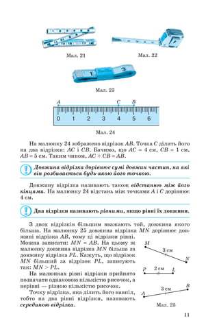 На малюнку 24 зображено відрізок AB. Точка C ділить його
на два відрізки: AC і CB. Бачимо, що AC = 4 см, CB = 1 см,
AB = 5 см. Таким чином, AC + CB = AB.
Довжина відрізка дорівнює сумі довжин частин, на які
він розбивається будь якою його точкою.
Довжину відрізка називають також відстанню між його
кінцями. На малюнку 24 відстань між точками A і C дорівнює
4 см.
Два відрізки називають рівними, якщо рівні їх довжини.
З двох відрізків більшим вважають той, довжина якого
більша. На малюнку 25 довжина відрізка MN дорівнює дов
жині відрізка AB, тому ці відрізки рівні.
Можна записати: MN = AB. На цьому ж
малюнку довжина відрізка MN більша за
довжину відрізка PL. Кажуть, що відрізок
MN більший за відрізок PL, записують
так: MN > PL.
На малюнках рівні відрізки прийнято
позначати однаковою кількістю рисочок, а
нерівні — різною кількістю рисочок.
Точку відрізка, яка ділить його навпіл,
тобто на два рівні відрізки, називають
серединою відрізка.
11
Мал. 23
Мал. 21
Мал. 24
Мал. 25
Мал. 22
 