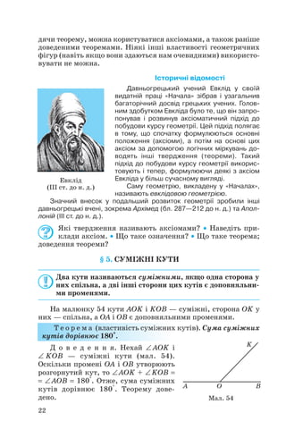 дячи теорему, можна користуватися аксіомами, а також раніше
доведеними теоремами. Ніякі інші властивості геометричних
фігур (навіть якщо вони здаються нам очевидними) використо
вувати не можна.
Історичні відомості
Давньогрецький учений Евклід у своїй
видатній праці «Начала» зібрав і узагальнив
багаторічний досвід грецьких учених. Голов
ним здобутком Евкліда було те, що він запро
понував і розвинув аксіоматичний підхід до
побудови курсу геометрії. Цей підхід полягає
в тому, що спочатку формулюються основні
положення (аксіоми), а потім на основі цих
аксіом за допомогою логічних міркувань до
водять інші твердження (теореми). Такий
підхід до побудови курсу геометрії викорис
товують і тепер, формулюючи деякі з аксіом
Евкліда у більш сучасному вигляді.
Саму геометрію, викладену у «Началах»,
називають евклідовою геометрією.
Значний внесок у подальший розвиток геометрії зробили інші
давньогрецькі вчені, зокрема Архімед (бл. 287—212 до н. д.) та Апол
лоній (ІІІ ст. до н. д.).
Які твердження називають аксіомами? • Наведіть при
клади аксіом. • Що таке означення? • Що таке теорема;
доведення теореми?
§ 5. СУМІЖНІ КУТИ
Два кути називаються суміжними, якщо одна сторона у
них спільна, а дві інші сторони цих кутів є доповняльни
ми променями.
На малюнку 54 кути AOK і KOB — суміжні, сторона OK у
них — спільна, а OA і OB є доповняльними променями.
Т е о р е м а (властивість суміжних кутів). Сума суміжних
кутів дорівнює 180°.
Д о в е д е н н я. Нехай ∠ AOK і
∠ KOB — суміжні кути (мал. 54).
Оскільки промені OA і OB утворюють
розгорнутий кут, то ∠AOK + ∠KOB =
= ∠AOB = 180°. Отже, сума суміжних
кутів дорівнює 180°. Теорему дове
дено.
22
Мал. 54
Евклід
(ІІІ ст. до н. д.)
 