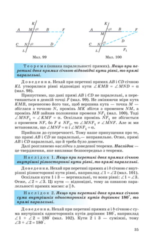 Т е о р е м а (ознака паралельності прямих). Якщо при пе
ретині двох прямих січною відповідні кути рівні, то прямі
паралельні.
Д о в е д е н н я. Нехай при перетині прямих AB і CD січною
KL утворилися рівні відповідні кути ∠ KMB = ∠ MND = α
(мал. 98).
Припустимо, що дані прямі AB і CD не паралельні, а пере
тинаються в деякій точці F (мал. 99). Не змінюючи міри кута
KMB, перенесемо його так, щоб вершина кута — точка M —
збіглася з точкою N, промінь MK збігся з променем NM, а
промінь MB зайняв положення променя NF1 (мал. 100). Тоді
∠ MNF1 = ∠ KMF = α. Оскільки промінь NF1 не збігається
з променем NF, бо F ∉ NF1, то ∠ MNF1 ≠ ∠ MNF. Але ж ми
встановили, що ∠MNF = α і ∠MNF1 = α.
Прийшли до суперечності. Тому наше припущення про те,
що прямі AB і CD не паралельні,— неправильне. Отже, прямі
AB і CD паралельні, що й треба було довести.
Далі розглянемо наслідки з доведеної теореми. Наслідок —
це твердження, яке випливає безпосередньо з теореми.
Н а с л і д о к 1. Якщо при перетині двох прямих січною
внутрішні різносторонні кути рівні, то прямі паралельні.
Д о в е д е н н я. Нехай при перетині прямих a і b січною c внут
рішні різносторонні кути рівні, наприклад ∠1 = ∠2 (мал. 101).
Оскільки кути 1 і 3 — вертикальні, то вони рівні: ∠1 = ∠3.
Отже, ∠2 = ∠3. Ці кути — відповідні, тому за ознакою пара
лельності прямих маємо: a || b.
Н а с л і д о к 2. Якщо при перетині двох прямих січною
сума внутрішніх односторонніх кутів дорівнює 180°, то
прямі паралельні.
Д о в е д е н н я. Нехай при перетині прямих a і b січною c су
ма внутрішніх односторонніх кутів дорівнює 180°, наприклад
∠ 1 + ∠ 2 = 180° (мал. 102). Кути 2 і 3 — суміжні, тому
∠3 + ∠2 = 180°.
35
Мал. 99 Мал. 100
 