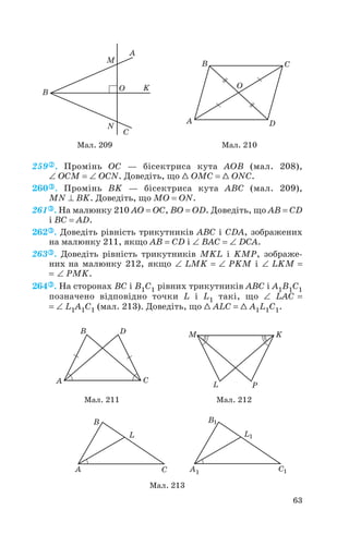 259 . Промінь OC — бісектриса кута AOB (мал. 208),
∠ OCM = ∠ OCN. Доведіть, що 1 OMC = 1 ONC.
260 . Промінь BK — бісектриса кута ABC (мал. 209),
MN ⊥ BK. Доведіть, що MO = ON.
261 . На малюнку 210 AO = OC, BO = OD. Доведіть, що AB = CD
і BC = AD.
262 . Доведіть рівність трикутників ABC і CDA, зображених
на малюнку 211, якщо AB = СD і ∠ BAC = ∠ DCA.
263 . Доведіть рівність трикутників MKL і KMP, зображе
них на малюнку 212, якщо ∠ LMK = ∠ PKM і ∠ LKM =
= ∠ PMK.
264 . На сторонах BC і B1C1 рівних трикутників ABC і A1B1C1
позначено відповідно точки L і L1 такі, що ∠ LAC =
= ∠ L1A1C1 (мал. 213). Доведіть, що 1 ALC = 1 A1L1C1.
63
Мал. 209 Мал. 210
Мал. 211 Мал. 212
Мал. 213
 