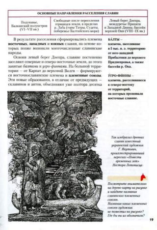 ОСНОВНЫЕ НАПРАВЛЕНИЯ РАССЕЛЕНИЯ СЛАВЯН
Подунавье.
Балканским полуостров
(У І-У ІІ вв.)
Свободные после переселения
германцев земли, в пределах
р. Лаба (горы Татры. Судеты,
побережье Балтийского моря)
Левый берег Днепра,
междуречье Припяти
и Западной Двины, бассейн
верхней Оки (УШ -1Х вв.)
В результате расселения сформировались племена
восточных, западных и южных славян, на основе ко­
торых позже возникли многочисленные славянские
народы.
Освоив левый берег Днепра, славяне постепенно
заселяют северные и северо-восточные земли, до этого
занятые болтами и угро-финнами. На большой терри­
тории - от Карпат до верховий Волги —формируют­
ся восточнославянские племена и племенные союзы.
Эти новые образования, в отличие от предыдущих —
склавинов и антов, объединяют уже полтора десятка
БАЛТЫ -
племена, заселявшие
в I тыс. н. э. территорию
от юго-западной
Прибалтики до верхнего
Приднепровья, а также
бассейн р. Ока.
УГРО-ФИННЫ
племена, расселившиеся
к северо-востоку
от территорий,
на которых проживали
восточные славяне.
Так изобразил древних
славян известный
украинский художник
Г. Якутович,
проиллюстрировавший
пересказ *Повести
временных лет»
Нестора Летописца
*
Посмотрите внимательно
на дерево-карту на рисунке
и найдите названия
славянских племенных
союзов.
Названия каких племенных
союзов художник
не поместил на рисунке?
Где бы вы их обозначили?
19
 