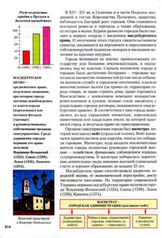 Рост количества
городов в Русском и
Белзском воеводствах
до 1400г. 1450г. 1500г.
МАГДЕБУРГСКОЕ
ПРАВО-
средневековое право,
полученное мещанами,
при котором города
частично освобождались
от власти короля
(королевские) или
местного феодала
(частные)
и руководствовались
собственными органами
самоуправления. Среди
украинских городов
первыми это право
получили
Владимир-Волынский
(1324), Сянок (1339),
Львов (1336), Каменец
(1374).
В XIV -XV вв. в Галичине и в части Подолья, вхо­
дившей в состав Королевства Польского, напротив,
наблюдается быстрый рост городов. Они становятся
центрами ремесла и торговли, а также образования,
культуры и науки. Бурное развитие городов было свя­
зано в первую очередь с введением магдебургского
права. О получении этого статуса свидетельствовали
грамоты, писавшиеся на пергаменте и скреплявшиеся
собственноручной подписью монарха и висящими пе­
чатями на красных шнурках.
Города возникали на землях, принадлежащих го­
сударству или большим землевладельцам, и оказы­
вались под их властью. Сначала положение города и
горожан было достаточно бесправно —горожане вы­
полняли множество повинностей (в том числе отбыва­
ли военную службу в городском ополчении), платили
многочисленные налога (за провоз по территории го­
рода товара, за право строить дома, право торговать).
Впоследствии, с появлением немецких колонистов-
ремесленников и купцов, мещане стали заключать с
владельцами городов договоры, называвшиеся «магде-
бургским правом». Всоответствии с ним города выво­
дились из-под управления княжеских, королевских
наместников или владельцев земли, на которой нахо­
дился город, и получали право на самоуправление.
Органом самоуправления города был магистрат, ко­
торый возглавлял войт (городской голова). Войт назна­
чался правительством или королём, иногда его избира­
ли горожане. Магистрат, куда входили исключительно
жители города, полностью руководил городской жиз­
нью —хозяйством, финансами, соблюдением порядка,
судопроизводством. В магистрат избирались зажиточ­
ные, влиятельные люди, имевшие высокий социальный
статус и хорошее образование, не младше 25 лет.
Магдебургское право способствовало развитию го­
родской жизни, её экономической перестройке, росту
численности населения. На территории современной
Украины первыми магдебургское право получили горо­
да: Владимир-Волынекий (1324), Сянок (1339), Львов
(1356), Каменец (1374).
Польский магистрат
в Каменце-Подольском
Бурмистры Райны (лица, управлявшие Лавники
(помощники городом, советники, от (заседатели
войта) «раить* —советовать) судов)
214
 