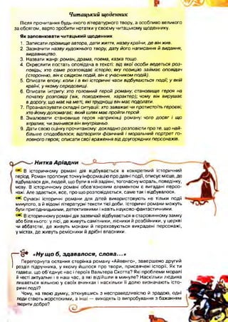 Читацький щоденник
Після прочитання будь-якого літературного твору, а особливо великого
за обсягом, варто зробити нотатки у своєму читацькому щоденнику.
Як заповнювати читацький щоденник
1. Записати п р ізв и щ е автора, дати життя, н а зв у кр аїни, д е в ін ж ив.
2. Зазначити н а зв у худо ж ньо го твору, дату й ого н а писа ння й видання,
видавницт во.
3. Назвати жанр: р ом а н , д р а м а , поем а, ка зка тощо.
4. Окреслити постать оповідача в тексті: від я к о ї о с о б и ведеться р о з ­
по відь; хто са м е р о зп о в ід а є історію; я к у п о зи ц ію за й м а є о повідач
(ст оронню, він є с в ід ко м подій, він є у ч асни ко м п о дій ).
5. Описати епоху: ко л и і в які іст оричні часи відбувают ься п о д ії; у якій
країні, у яко м у се ре до ви щ і.
6. Описати інтригу: хто го ло вни й герой р о м а н у; становищ е героя на
початку р о з п о в ід і (вік, по ход ж е ння, характ ер); ч о м у він ви руш а є
в дорогу, щ о м а є н а меті; які труднощі він м а є подолати.
7. Проаналізувати складні ситуації: хто за ва ж а є чи протистоїть героєві;
хто й о м у д о п о м а га є; я к и й ш лях м а є пройти герой.
8. Змалювати становище героя наприкінці роману: чого д о с я г і щ о
втратив; ч и зм ін и в с я він внутрішньо.
9. Дати свою оцінку прочитаному: д о кл а д н о розповіст и п р о те, щ о н а й ­
більш е сп о д о б а л о ся ; відтворити ф ізи чний і м о р а л ьн и й портрет го­
ло вно го героя; описати с в о ї вр аж е ння в ід д р уго р я д н и х пе рсо на ж ів.
' Нитка А ріадни
1 В історичному романі дія відбувається в конкретний історичний
період. Роман пропонує точну інформацію про давні події, описує місце, де
відбувалася дія, людей, що були в ній задіяні, тогочасну мораль, поведінку,
мову. В історичному романі обов’язковим елементом є вигадані персо­
нажі. Але здається, все, про що розповідається, саме так і відбувалося.
^ Сучасні історичні романи для дітей використовують не тільки події
минулого, а й відомі літературні тексти тієї доби. Історичні романи можуть
бути пригодницькими, детективними і навіть науково-фантастичними.
^ В історичному романі дія зазвичай відбувається в старовинному замку
або біля нього: у лісі, де живуть самітники, лісники й розбійники, у церкві
чи аббатстві, де живуть монахи й переховуються викрадені персонажі,
у містах, де живуть ремісники й дрібні власники.
Г.
(з * «Н у щ о б, зд авалося, слова...»
Перегорнута остання сторінка роману «Айвенго», заверш ено другий
розділ підручника, у якому йшлося про твори, присвячені Історії. Як ти
гадаєш, що об'єднує нас і героїв Вальтера Скотта? Які проблеми моралі
й честі актуальні і в наш час, а які відійшли в минуле? Наскільки людина
лишається вільною у своїх вчинках і наскільки її долю визначають істо­
ричні події?
Чому, на твою думку, зіткнувшись з несправедливістю й зрадою, одні
люди стають жорстокими, а інші — виходять із випробування з бажанням
творити добро?
■
 