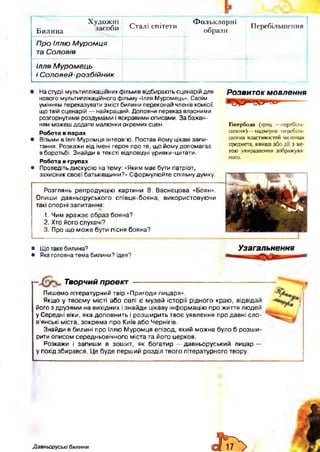 Художні
Билина засоби
Сталі епітети
Ф ольклорні
образи
Перебільшення
Про Іллю М уромця
та Соловія
Ілля Муромець
і С оловей-розбійник
• На студії мультиплікаційних фільмів відбирають сценарій для
нового мультиплікаційного фільму «Ілля Муромець». Своїм
умінням переказувати зміст билини переконай членів комісії,
що твій сценарій — найкращий. Доповни переказ власними
розгорнутими роздумами і яскравими описами. За бажан­
ням можеш додати малюнки окремих сцен.
Робота в парах
• Візьми в Іллі Муромця інтерв’ю. Постав йому цікаві запи­
тання. Розкажи від імені героя про те, що йому допомагає
в боротьбі. Знайди в тексті відповідні уривки-цитати.
Робота в групах
• Проведіть дискусію на тему: «Яким має бути патріот,
захисник своєї батьківщини?» Сформулюйте спільну думку.
Розглянь репродукцію картини В. Васнецова «Боян».
Опиши давньоруського співця-бояна, використовуючи
такі опорні запитання:
1. Чим вражає образ бояна?
2. Хто його слухачі?
3. Про що може бути пісня бояна?
Розвиток мовлення
Гіпербола (грец. —перебіль­
шення) —надмірне перебіль­
шення властивостей чи ознак
предмета, явища або дії з ме­
тою увиразнення зображува­
ного.
• Що таке билина?
• Яка головна тема билини? Ідея?
Узагальнення
Творчий проект
Пишемо літературний твір «Пригоди лицаря».
Якщо у твоєму місті або селі є музей історії рідного краю, відвідай
Його з друзями на вихідних і знайди цікаву інформацію про життя людей
у Середні віки, яка доповнить і розширить твоє уявлення про давні сло­
в’янські міста, зокрема про Київ або Чернігів.
Знайди в билині про Іллю Муромця епізод, який можна було б розши­
рити описом середньовічного міста та його церков.
Розкажи і запиши в зошит, як богатир — давньоруський лицар —
у похід збирався. Це буде перший розділ твого літературного твору.
Давньоруські билини
 