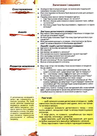 З а п и т а н н я і з а в д а н н я
-І
Спостереження
Розвиток мовлення
У детективному оповіданні є
деталі, що спрямовують на
пошуки злочинця. На їхній
основі детектив намагається
відтворити розвиток подій,
щоб знайти винуватця і роз­
крити причини його вчинків,
мотивацію злочину. Але дета­
лі можуть і ускладнювати по­
шук злочинця, спрямовуючи
розслідування в хибному
напрямку.
• Знайди в тексті кілька епізодів, які визначали подальший
напрямок пошуку злочинця.
• Яке спостереження Холмса було визначальним для розкрит­
тя злочину?
• Перевір своє вміння запам'ятовувати деталі:
1. Сер Чарльз мав хворе серце, очі чи ноги?
2. Вотсон і Холмс для стеження користувалися таксі, кебом
чи потягом?
3. Костюм у сера Генрі був коричневого, червоного чи сірого
кольору?
Зав’язка детективного оповідання
• Від чийого імені ведеться розповідь? Наскільки оповідач при­
четний до описаних подій?
• Як Мортімер пояснює події? На чому ґрунтуються його при­
пущення?
• Яких висновків доходить оповідач, спостерігаючи за Холм-
сом? Чи можна вважати їх близькими друзями?
Перебіг подій у детективномуоповіданні
• Що взято за основу загадкової події?
• Хто жертва?
• Що вказує на наявність злочину?
• Хто потрапляє в коло підозрюваних і на якій підставі?
• Хто насправді виявляється злочинцем?
• Що є причиною злочинних дій?
• Як діяв злочинець? Як він приховував свої дії?
• Визнач етапи розкриття злочину.
• Ваш клас готує постановку п’єси за мотивами оповідання
Конан Дойля.
1. Ти — режисер і маєш дати рекомендації акторам, які
грають головні ролі, щодо їхньої гри. Що ти порадиш?
2. Ти — костюмер і маєш підібрати одяг для головних
героїв. Які кольори тобі здаються важливішими? Чому?
Як ти передаси атмосферу тих часів і моду?
3. Тобі доручено розробити музичний супровід до дії. Яку
музику підбереш до увертюри? А для передачі таємничої
атмосфери дії? Яка мелодія буде супроводжувати набли­
ження героїв до розгадки?
• Переглянь газети і знайди в них загадковий або незвичайний
факт, який можна взяти за основу детективного оповідання.
Спробуй коротко викласти можливий розвиток подій.
Пам’ятай:
— щоб написати цікаве детективне оповідання, треба
навчитися стисло викладати свої думки, весь час трима­
ти читача в напрузі;
— неодмінні елементи детективного твору — опис
якоїсь дивної, загадкової події та епізод переслідування
злочинця.
У творі діють, як правило, щонайменше три персо­
нажі: жертва, злочинець і детектив.
Дуже важливо, щоб виклад був виразний, для цього
потрібно використати емоційно забарвлені речення.
Мова персонажів повинна бути індивідуалізованою.
/ Ч Л Л Н а .
 