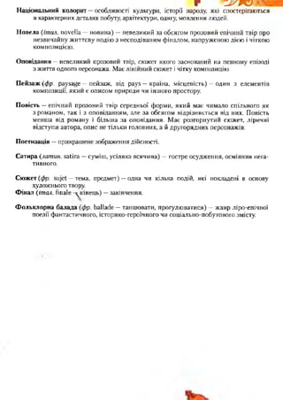 r rjy*Z)
Національний колорит —особливості культури, історії народу, які спостерігаються
в характерних деталях побуту, архітектури, одягу, мовлення людей.
Н овел а (італ. novella —новина) —невеликий за обсягом прозовий епічний твір про
незвичайну життєву подію з несподіваним фіналом, напруженою дією і чіткою
композицією.
О повідання —невеликий прозовий твір, сюжет якого заснований на певному епізоді
з життя одного персонажа. Має лінійний сюжет і чітку композицію.
П ей заж (фр. paysage —пейзаж, від pays — країна, місцевість) —один з елементів
композиції, який є описом природи чи іншого простору.
П овість —епічний прозовий твір середньої форми, який має чимало спільного як
з романом, так і з оповіданням, але за обсягом відрізняється від них. Повість
менша від роману і більша за оповідання. Має розгорнутий сюжет, ліричні
відступи автора, опис не тільки головних, а й другорядних персонажів.
П оетизація —прикрашене зображення дійсності.
С ати ра (латин, satira —суміш, усіляка всячина) —гостре осудження, осміяння нега­
тивного.
С ю ж ет (фр. sujet — тема, предмет) —одна чи кілька подій, які покладені в основу
художнього твору.
Ф інал (італ. finale -^кінець) —закінчення.
Ф ол ькл орн а балад а (фр. ballade —танцювати, прогулюватися) —жанр ліро-епічної
поезії фантастичного, історико-героїчного чи соціально-побутового змісту.
 