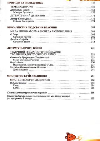 ПРИГОДИ ТА ФАНТАСТИКА 149
ТЕМА ПОДОРОЖІ .......................................................................................... 150
Джонатан Свіфт ............................................................................................... 151
Мандри Ґуллівера .......................................................................................... 152
ЛІТЕРАТУРНИЙ ДЕТЕКТИВ ........................................................................174
Артур Конан Дойль..............................................................................................175
Собака Баскервілів .........................................................................................176
КРАСА ЧИСТИХ ЛЮДСЬКИХ ВЗАЄМИН 203
МАЛА ЕПІЧНА ФОРМА: НОВЕЛА Й ОПОВІДАННЯ ...........................204
О.Генрі ..................................................................................................................205
Останній листок ............................................................................................. 206
Джеймс Олдрідж .................................................................................................212
Останній дюйм ...............................................................................................213
ЛІТЕРАТУРА ПРОТИ ВІЙНИ 231
ТРАГІЧНИЙ І ГУМАНІСТИЧНИЙ ПАФОС
ТВОРІВ ПРО ДРУГУ СВІТОВУ ВІЙНУ .................................................... 232
Олександр Трифонович Твардовський .................................................................233
Мене вбито під Ржевом ................................................................................. 234
ГенріхБелль ......................................................................................................... 236
Подорожній, коли ти прийдеш у Спа.............................................................237
Михайло Олександрович Шолохов ..................................................................... 243
Доля людини ...................................................................................................244
МИСТЕЦТВО БУТТІ ЛЮДИНОЮ 261
МИСТЕЦТВО БУТИ ЛЮДИНОЮ .............................................................. 262
Редьярд Кіплінг ....................................................................................................263
Якщо...................................................................................................................264
Коли................................................................................................................... 265
Словниклітературознавчих термінів ....................................... , .........................268
Списокхудожніхтворів для читання під часлітніх канікул -
(за програмою 8 класу) ........................................................................................... 269
 