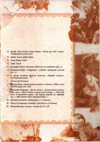 14. Д у Фу. «При місяці згадую брата», «Пісня про хліб і шовк»,
«Повертаються дикі гуси»
15. Рудакі. Газелі, рубаї, бейти.
16. Омар Хайям. Рубаї
17. ' Гафіз. Газелі
18. Джауфре Рюделъ. Канцона («Мені під час травневих днів...»)
УЗ. Бертран деБорн. «Сирвента» («Люблю травневий світлий
20. Із лірики вагантів. «Орден вагантів», «Бідний студент»,
«Безтурботна пісня»
21. «Пісня про Роланда»
22 ‘1Ш іг,єріДанте. «Божественна комедія» («Пекло»; «Рай», пісня
XXXIII, вірші 115-145)
' (Щранческо Петрарка. «Книга пісень»: «Благословенні місяць,
'”Лё’нь і рік...», «Як не любов, то що ж це бути може...», «Щасливі
квіти й благовісні трави», «Де погляд ніжний, де чарівний
вид...», «Лі зоряних небес мандрівні хори...»
24. Джованні Боккаччо. «Декамерон» (1-2 новели)
25. Міґель де Сервантес Сааведра. «Дон Кіхот» (І частина)
 