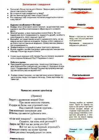 З а п и т а н н я і з а в д а н н я
• Прочитай «Пісню про віщого Олега». Зверни увагу на розгор­
тання і наступність подій.
• Які історичні події згадуються у творі?
• Де і як закінчується життєва історія Олега?
• Хто з відомих тобі історичних постатей згадується в поетич­
ному тексті?
Спостереження
Художні особливості балади
• Знайди опис Олегового коня й визнач, за допомогою яких
художніх засобів опоетизовано образ вірного княжого
друга.
• Зачитай уривки, у яких змальовано князя Олега. Як поет
підкреслює його поміркованість, відданість дружбі, особисту
силуй мужність, його людську гідність?
• Ворожбит, як представник вищого надземного світу, не за­
лежить від волі земних володарів. Знайди в його зверненні
до Олега протиставлення людських і божественних уявлень
про справедливість.
• Знайди й виділи інтонаційно сцени трагічного звучання.
• Визнач художні засоби поетизації давньоруської минувшини
в баладі «Пісня про віщого Олега».
Аналіз
Епілог - підсумкова частина
твору, опис ситуації рівноваги
після розв’язки.
Поетизація — прикрашене
зображення дійсності.
• У яких інших відомих тобі творах Пушкін виявив зацікавле­
ність історією Київської Русі? Перекажи їх зміст.
Робота в групах.
• Прослухайте музичну увертюру, тематично пов’язану з те­
мою Київської Русі (наприклад, до опери О. Бородіна «Князь
Ігор»). Продекламуйте баладу Пушкіна під супровід мелодії.
Що змінилося у ваших враженнях?
Розвиток мовлення
• Знайди слова й вирази, на підставі яких можна твердити, Уззгзльнення
що в основу твору покладено легенду. Свою відповідь ар-
гументуй.
Читаємо мовою оригіналу
(Уривок)
Пирует с дружиною вещий Олег
При звоне веселом стакана,
Икудри их белы, как утренний снег
Над славной главою кургана...
Они поминают минувшие дни
Ибитвы, где вместе рубились они...
«Агде мой товарищ? —промолвил Олег, —
Скажите, где конь мой ретивый1?
Здоров ли? Всё так же легок его бег?
Всё тот же ль он бурный, игривый?»
Ивнемлет ответу: на холме крутом
Довноуж почил непробудным он сном.
Легенда подібна до чарівної
казки. Проте на відміну від
казки в ній ідеться про якесь
типове місцеве явище чи
справжні події минулого. Ле­
генда завжди пов’язана з кон­
кретною місцевістю, з істо­
рією того чи іншого народу,
реальноюособистістю.
1Ретивый —тут: швидкий,
баский.
Лггвоатзнібалапи
 