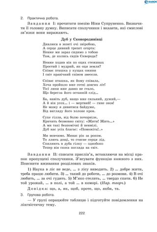 222
2.	Практична робота.
З а в д а н н я І: прочитати поезію Ніни Супруненко. Визначи-
ти її головну думку. Виписати сполучники і вказати, які смислові
зв’язки вони виражають.
Дуб у Сковородинівці
Дивлюся в жовті очі звіробою,	
А серце дивний трепет огорта:	
Невже ми зараз сидимо з тобою	
Там, де колись сидів Скворода?
Невже ходив він по оцих стежинах	
Простий і мудрий, як оця земля?	
Співає пташка у кущах ожини	
І світ правічний співом звеселя.
Співає пташка, як йому співала,	
Хоча пройшло вже сотні довгих літ!	
Тієї липи вже давно не стало,	
Що берегла його останній слід…
Ба, навіть дуб, нащо вже сильний, дужий,—	
А й він усох… і — мертвий! — гине знов!	
Не можу я дивитися байдуже,	
Від вигляду його холоне кров.
Сухе гілля, від болю почорніле,	
Кричить безмовно світу: «Жити! Жить…»	
А ми такі безпомічні й невмілі.	
Дуб нас усіх благає: «Поможіть!..»
Ми мовчимо. Минає рік за роком.	
То ллють дощі, то стисне серця лід.	
Спиляють в дуба гілку — однобоко	
Тепер він скоса погляда на світ.
З а в д а н н я ІІ: списати прислів’я, вставляючи на місці кра-
пок пропущені сполучники. З’ясувати функцію кожного з них.
Пояснити вживання розділових знаків.
1) Наука в ліс не веде, … з лісу виводить. 2) … добре жити,
треба працю любити. 3) … такий до роботи, … до розмови. 4) В очі
любить, … за очі гудить. 5) М’яко стелить, … твердо спати. 6) Не
той урожай, … в полі, а той … в коморі. (Нар. творч.)
Д о в і д к а: що, а, як, щоб, проте, що, якби, та.
3.	Групова робота.
— У групі опрацюйте таблицю і підготуйте повідомлення на
лінгвістичну тему.
 