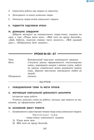 237
3.	Самостійна робота над твором на чернетках.
4.	 Зачитування та аналіз учнівських творів.
5.	Написання творів-описів зовнішності людини.
V.	 Підбиття підсумків уроку
VI.	 Домашнє завдання
Дібрати матеріал до контрольного твору-опису людини на
одну з тем: «Рідна мати моя», «Мій тато на вроду багатий»,
«Дай, бабусю, поцілую сивину твого волосся», «Мій кращий
друг», «Найрідніша мені людина».
Уроки № 86—87
Тема.	 Контрольний твір-опис зовнішності людини.
Мета:	 з’ясувати рівень сформованості текстотворчих
умінь, перевірити знання і вміння учнів, набуті
на уроках української мови; розвивати творчу
уяву, образне мислення; виховувати любов до
людей.
Обладнання:	 зошити.
Хід уроків
I.	 Повідомлення теми та мети уроків
II.	 Мотивація навчальної діяльності школярів
	Інструктаж щодо роботи.
Учитель націлює учнів на роботу, нагадує про вимоги до мо-
влення, до оформлення робіт.
III.	 Основний зміст роботи
1.	Ознайомлення з орієнтовними темами твору-опису зовнішності людини.
О р і є н т о в н і т е м и	
твору-опису зовнішності людини
1)	 Рідна мати моя.
2)	 Мій тато на вроду багатий.
 