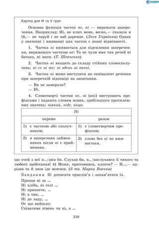 259
Картка для ІІІ та V груп
Основна функція часток не, ні — виражати запере-
чення. Наприклад: Ні, не клич мене, весно,— сказала я
їй,— не чаруй і не ваб даремне. (Леся Українка) Однак
у значенні і вживанні цих часток є певні відмінності.
1.	 Частка ні вживається для підсилення заперечен-
ня, вираженого часткою не: Та не чули вже тих речей ні
батько, ні мати. (Т. Шевченко)
2.	 Частка ні входить до складу стійких словосполу-
чень: ні се ні те; ні вдень ні вночі.
3.	 Частка ні може виступати як еквівалент речення
при заперечній відповіді на запитання.
— Ви не замерзли?
— Ні.
4.	 Словотворчі частки не, ні (ані) виступають пре-
фіксами і надають словам нових, здебільшого протилеж-
них значень: ніякий, ніде, ніщо.
Ні
окремо разом
1)	 є часткою або сполуч-
ником;
1)	 є словотворчим пре-
фіксом;
2)	 в заперечних займен-
никах після ні є прий-
менник.
2)	 слово без ні не вжи-
вається.
що очей з неї н../звів би. Слухав би, н../наслухався її тихого та
любого щебетання! 4) Може, притомився, хлопче? — Н..,— од-
різав та й знов іде мовчки. (З тв. Марка Вовчка)
З а в д а н н я ІІ: дописати прислів’я і запам’ятати їх.
Пропав ні за …
Ні хліба, ні солі …
Ні пришити, …
Ні в тин, …
Ні до ладу, …
От що вийшло:
Співатиме півень чи ні, а …
 