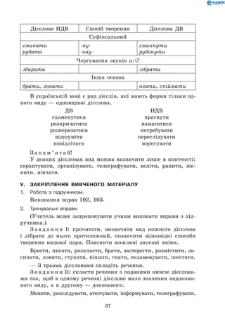 37
Дієслова НДВ Спосіб творення Дієслова ДВ
Суфіксальний
смикати
рубати
-ну-
-ону-
смикнути
рубонути
Чергування звуків и/∅
збирати зібрати
Інша основа
брати, ловити взяти, спіймати
В українській мові є ряд дієслів, які мають форми тільки од-
ного виду — одновидові дієслова.
ДВ НДВ
схаменутися
розкричатися
розперезатися
відшуміти
повідлітати
прагнути
намагатися
потребувати
переслідувати
ворогувати
З а п а м ’ я т а й!
У деяких дієсловах вид можна визначити лише в контексті:
гарантувати, організувати, телеграфувати, веліти, ранити, же-
нити, вінчати.
V.	Закріплення вивченого матеріалу
1.	Робота з підручником.
Виконання вправ 102, 103.
2.	Тренувальні вправи.
(Учитель може запропонувати учням виконати вправи з під-
ручника.)
З а в д а н н я І: прочитати, визначити вид кожного дієслова
і дібрати до нього протилежний, позначити відповідні способи
творення видової пари. Пояснити можливі звукові зміни.
Брести, писати, розкласти, брати, застерегти, розмістити, за-
сипати, ловити, стукати, вішати, гнати, екзаменувати, шептати.
— З трьома дієсловами складіть речення.
З а в д а н н я ІІ: скласти речення з поданими нижче дієслова-
ми так, щоб в одному реченні дієслово мало значення недокона-
ного виду, а в другому — доконаного.
Мовити, розслідувати, атестувати, інформувати, телеграфувати.
 
