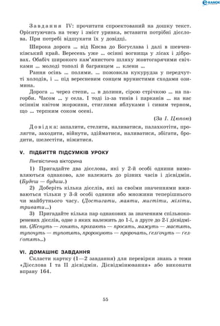55
З а в д а н н я IV: прочитати спроектований на дошку текст.
Орієнтуючись на тему і зміст уривка, вставити потрібні дієсло-
ва. При потребі відшукати їх у довідці.
Широка дорога … від Києва до Богуслава і далі в шевчен-
ківський край. Вересень уже … осінні вогнища у лісах і дібро-
вах. Обабіч широкого кам’янистого шляху жовтогарячими свіч-
ками … молоді тополі й багрянцем … клени …
Рання осінь … полями. … пожовкла кукурудза у передчут-
ті холодів, і … під вересневим сонцем врунистими сходами ози-
мина.
Дорога … через степи, … в долини, сірою стрічкою … на па-
горби. Часом … у села. І тоді із-за тинів і парканів … на нас
осіннім квітом жоржини, стиглими яблуками і сивим терном,
що … терпким соком осені.
(За І. Цюпою)
Д о в і д к а: запалити, стелити, наливатися, палахкотіти, про-
лягти, заходити, війнути, здійматися, наливатися, збігати, бро-
дити, шелестіти, ніжитися.
V.	 Підбиття підсумків уроку
	Лінгвістична вікторина
1)	 Пригадайте два дієслова, які у 2-й особі однини вимо-
вляються однаково, але належать до різних часів і дієвідмін.
(Будеш — будиш.)
2)	 Доберіть кілька дієслів, які за своїми значеннями вжи-
ваються тільки у 3-й особі однини або множини теперішнього
чи майбутнього часу. (Достигати, маяти, мигтіти, міліти,
тривати…)
3)	 Пригадайте кілька пар однакових за значенням спільноко-
реневих дієслів, одне з яких належить до 1-ї, а друге до 2-ї дієвідмі-
ни. (Женуть — гонять, прохають — просять, мажуть — мастять,
тупочуть — тупотять, пророкують — пророчать, ґелґочуть — ґел­
ґо­тять…)
VІ.	 Домашнє завдання
Скласти картку (1—2 завдання) для перевірки знань з теми
«Дієслова І та ІІ дієвідмін. Дієвідмінювання» або виконати  
вправу 164.
 