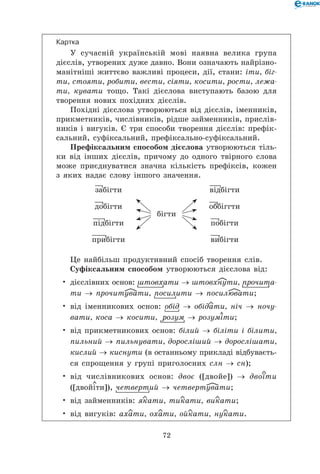 72
Картка
У сучасній українській мові наявна велика група
дієслів, утворених дуже давно. Вони означають найрізно-
манітніші життєво важливі процеси, дії, стани: іти, біг-
ти, стояти, робити, вести, сіяти, косити, рости, лежа-
ти, кувати тощо. Такі дієслова виступають базою для
творення нових похідних дієслів.
Похідні дієслова утворюються від дієслів, іменників,
прикметників, числівників, рідше займенників, прислів-
ників і вигуків. Є три способи творення дієслів: префік-
сальний, суфіксальний, префіксально-суфіксальний.
Префіксальним способом дієслова утворюються тіль-
ки від інших дієслів, причому до одного твірного слова
може приєднуватися значна кількість префіксів, кожен
з яких надає слову іншого значення.
vзабігти
бігти
nвідбігти
vдобігти vоббіггти
nпідбігти vпобігти
nприбігти vвибігти
Це найбільш продуктивний спосіб творення слів.
Суфіксальним способом утворюються дієслова від:
дієслівних основ: Fштовхати → штовхyнути, Fпрочита-
ти → прочитuувати, Fпосилити → посилuювати;
від іменникових основ: Dобід → обідeати, ніч → ночу-
вати, коса → косити, F розум → розумqіти;
від прикметникових основ: білий → біліти і білити,
пильний → пильнувати, доросліший → дорослішати,
кислий → киснути (в останньому прикладі відбуваєть-
ся спрощення у групі приголосних слн → сн);
від числівникових основ: двоє ([двойе]) → двоeїти
([двойwіти]), Hчетвертий → четвертuувати;
від займенників: яeкати, тиeкати, виeкати;
від вигуків: ахeати, охeати, ойeкати, нуeкати.
•
•
•
•
•
•
 