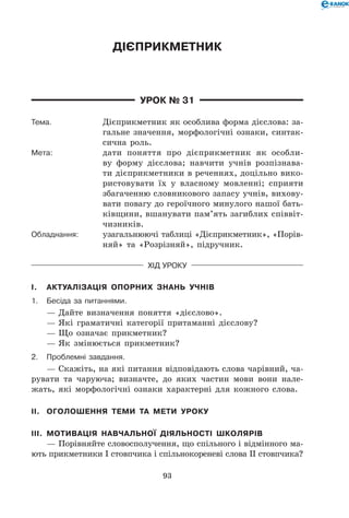 93
Дієприкметник
Урок № 31
Тема.	 Дієприкметник як особлива форма дієслова: за-
гальне значення, морфологічні ознаки, синтак-
сична роль.
Мета:	 дати поняття про дієприкметник як особли-
ву форму дієслова; навчити учнів розпізнава-
ти дієприкметники в реченнях, доцільно вико-
ристовувати їх у власному мовленні; сприяти
збагаченню словникового запасу учнів, вихову-
вати повагу до героїчного минулого нашої бать-
ківщини, вшанувати пам’ять загиблих співвіт-
чизників.
Обладнання:	 узагальнюючі таблиці «Дієприкметник», «Порів-
няй» та «Розрізняй», підручник.
Хід уроку
I.	 Актуалізація опорних знань учнів
1.	Бесіда за питаннями.
— Дайте визначення поняття «дієслово».
— Які граматичні категорії притаманні дієслову?
— Що означає прикметник?
— Як змінюється прикметник?
2.	Проблемні завдання.
— Скажіть, на які питання відповідають слова чарівний, ча-
рувати та чаруюча; визначте, до яких частин мови вони нале-
жать, які морфологічні ознаки характерні для кожного слова.
II.	 Оголошення теми та мети уроку
III.	 Мотивація навчальної діяльності школярів
— Порівняйте словосполучення, що спільного і відмінного ма-
ють прикметники І стовпчика і спільнокореневі слова ІІ стовп­чика?
 