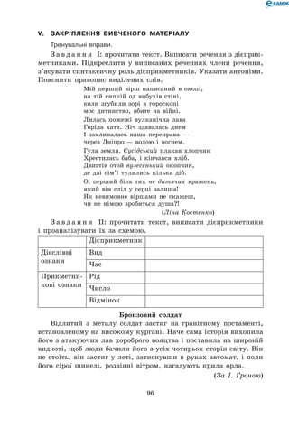 96
V.	Закріплення вивченого матеріалу
	Тренувальні вправи.
З а в д а н н я І: прочитати текст. Виписати речення з дієприк-
метниками. Підкреслити у виписаних реченнях члени речення,
з’ясувати синтаксичну роль дієприкметників. Указати антоніми.
Пояснити правопис виділених слів.
Мій перший вірш написаний в окопі,	
на тій сипкій од вибухів стіні,	
коли згубили зорі в гороскопі	
моє дитинство, вбите на війні.
Лилась пожежі вулканічна лава	
Горіла хата. Ніч здавалась днем	
І захлиналась наша переправа —	
через Дніпро — водою і вогнем.
Гула земля. Сусідський плакав хлопчик	
Хрестилась баба, і кінчався хліб.	
Двигтів отой вузесенький окопчик,	
де дві сім’ї тулились кілька діб.
О, перший біль тих не дитячих вражень,	
який він слід у серці залиша!	
Як невимовне віршами не скажеш,	
чи не німою зробиться душа?!
(Ліна Костенко)
З а в д а н н я ІІ: прочитати текст, виписати дієприкметники
і проаналізувати їх за схемою.
Дієприкметник
Дієслівні
ознаки
Вид
Час
Прикметни-
кові ознаки
Рід
Число
Відмінок
Бронзовий солдат
Відлитий з металу солдат застиг на гранітному постаменті,
встановленому на високому кургані. Наче сама історія вихопила
його з атакуючих лав хороброго вояцтва і поставила на широкій
видноті, щоб люди бачили його з усіх чотирьох сторін світу. Він
не стоїть, він застиг у леті, затиснувши в руках автомат, і поли
його сірої шинелі, розвіяні вітром, нагадують крила орла.
(За І. Гроною)
 