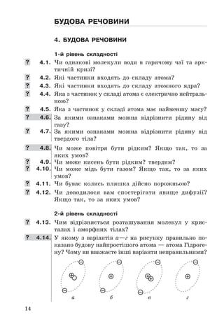 14
Будова речовини
4. Будова речовини
1-й рівень складності
	 4.1. Чи	 однакові	 молекули	 води	 в	 гарячому	 чаї	 та	 арк-
тичній	 кризі?
	 4.2. Які	 частинки	 входять	 до	 складу	 атома?
	 4.3. Які	 частинки	 входять	 до	 складу	 атомного	 ядра?
	 4.4. Яка	з	частинок	у	складі	атома	є	електрично	нейтраль-
ною?
	 4.5. Яка	 з	 частинок	 у	 складі	 атома	 має	 найменшу	 масу?
 4.6. За	 якими	 ознаками	 можна	 відрізнити	 рідину	 від	
газу?
 4.7. За	 якими	 ознаками	 можна	 відрізнити	 рідину	 від	
твердого	 тіла?
 4.8. Чи	 може	 повітря	 бути	 рідким?	 Якщо	 так,	 то	 за	
яких	 умов?
 4.9. Чи	 може	 кисень	 бути	 рідким?	 твердим?
 4.10. Чи	 може	 мідь	 бути	 газом?	 Якщо	 так,	 то	 за	 яких	
умов?
	 4.11. Чи	 буває	 колись	 пляшка	 дійсно	 порожньою?
	 4.12. Чи	 доводилося	 вам	 спостерігати	 явище	 дифузії?	
Якщо	 так,	 то	 за	 яких	 умов?
2-й рівень складності
	 4.13. Чим	 відрізняється	 розташування	 молекул	 у	 крис-
талах	 і	 аморфних	 тілах?
 4.14. У	 якому	 з	 варіантів	 а—г	 на	 рисунку	 правильно	 по-
ка	зано	будову	найпростішого	атома	—	атома	Гідро	ге-
ну?	Чому	ви	вважаєте	інші	варіанти	неправильними?
а б в г
 