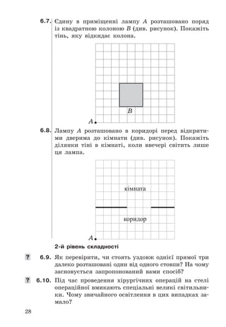 28
6.7. Єдину	 в	 приміщенні	 лампу	 A	 розташовано	 поряд	
із	квадратною	колоною	B	(див .	рисунок) .	Покажіть	
тінь,	 яку	 відкидає	 колона .
А
В
6.8. Лампу	 A	 розташовано	 в	 коридорі	 перед	 відкрити-
ми	 дверима	 до	 кімнати	 (див .	 рисунок) .	 Покажіть	
ділянки	 тіні	 в	 кімнаті,	 коли	 ввечері	 світить	 лише	
ця	 лампа .
А
кімната
коридор
2-й рівень складності
	 6.9.	 Як	перевірити,	чи	стоять	уздовж	однієї	прямої	три	
далеко	розташовані	один	від	одного	стовпи?	На	чому	
засновується	 запропонований	 вами	 спосіб?
 6.10.	 Під	 час	 проведення	 хірургічних	 операцій	 на	 стелі	
операційної	вмикають	спеціальні	великі	світильни-
ки .	Чому	звичайного	освітлення	в	цих	випадках	за-
мало?
 