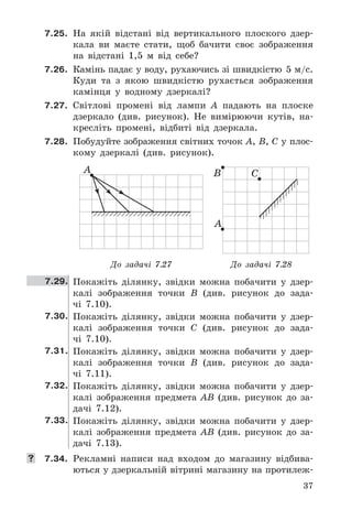 37
7.25.	 На	 якій	 відстані	 від	 вертикального	 плоского	 дзер-
кала	 ви	 маєте	 стати,	 щоб	 бачити	 своє	 зображення	
на	 відстані	 1,5	 м	 від	 себе?
7.26.	 Камінь	падає	у	воду,	рухаючись	зі	швидкі	стю	 5	м/с .	
Куди	 та	 з	 якою	 швидкістю	 рухається	 зображення	
камінця	 у	 водному	 дзеркалі?
7.27.	 Світлові	 промені	 від	 лампи	 A	 падають	 на	 плоске	
дзеркало	 (див .	 рисунок) .	 Не	 вимірюючи	 кутів,	 на-
кресліть	 промені,	 відбиті	 від	 дзеркала .
7.28.	 Побудуйте	зображення	світних	точок	A,	B,	C	у	плос-
кому	 дзеркалі	 (див .	 рисунок) .
А B C
А
До задачі 7.27 До задачі 7.28
7.29. Покажіть	 ділянку,	 звідки	 можна	 побачити	 у	 дзер-
калі	 зображення	 точки	 B	 (див .	 рисунок	 до	 зада-
чі	 7 .10) .
7.30. Покажіть	 ділянку,	 звідки	 можна	 побачити	 у	 дзер-
калі	 зображення	 точки	 C	 (див .	 рисунок	 до	 зада-
чі	 7 .10) .
7.31. Покажіть	 ділянку,	 звідки	 можна	 побачити	 у	 дзер-
калі	 зображення	 точки	 B	 (див .	 рисунок	 до	 зада-
чі	 7 .11) .
7.32. Покажіть	 ділянку,	 звідки	 можна	 побачити	 у	 дзер-
калі	 зображення	 предмета	 AB	 (див .	 рисунок	 до	 за-
дачі	 7 .12) .
7.33. Покажіть	 ділянку,	 звідки	 можна	 побачити	 у	 дзер-
калі	 зображення	 предмета	 AB	 (див .	 рисунок	 до	 за-
дачі	 7 .13) .
	 7.34.	 Рекламні	 написи	 над	 входом	 до	 магазину	 відбива-
ються	у	дзеркальній	вітрині	магазину	на	протилеж-
 
