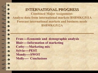 INTERNATIONAL PROGRESSINTERNATIONAL PROGRESS
Combined Major Assignment:
Analyse data from international markets BSBMKG511A
Forecast international markets and business needs
BSBMKG512A
Fran----Economic and demographic analysis
Blair----Information of marketing
Cathy----Marketing mix
Sylvia----PEST
Mandy----SWOT
Molly---- Conclusions
 