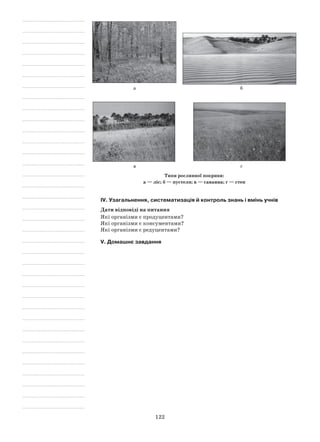 122
а б
в г
Типи рослинної покриви:
а — ліс; б — пустеля; в — саванна; г — степ
IV. Узагальнення, систематизація й контроль знань і вмінь учнів
Дати відповіді на питання
Які організми є продуцентами?
Які організми є консументами?
Які організми є редуцентами?
V. Домашнє завдання
 