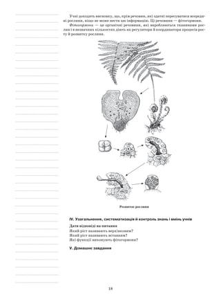 18
Учні доходять висновку, що, крім речовин, які здатні пересуватися всереди-
ні рослини, ніщо не може нести цю інформацію. Ці речовини — фітогормони.
Фітогормони — це органічні речовини, які виробляються тканинами рос-
лин і в незначних кількостях діють як регулятори й координатори процесів рос-
ту й розвитку рослини.
Розвиток рослини
IV. Узагальнення, систематизація й контроль знань і вмінь учнів
Дати відповіді на питання
Який ріст називають верхівковим?
Який ріст називають вставним?
Які функції виконують фітогормони?
V. Домашнє завдання
 