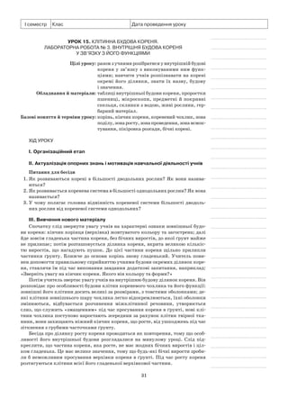 31
І семестр Клас Дата проведення уроку
Урок 15. Клітинна будова кореня.
Лабораторна робота № 3. Внутрішня будова кореня
у зв’язку з його функціями
	 Цілі уроку:	разом з учнями розібратися у внутрішній будові
кореня у зв’язку з виконуваними ним функ-
ціями; навчити учнів розпізнавати на корені
окремі його ділянки, знати їх назву, будову
і значення.
	Обладнання й матеріали:	таблиці внутрішньої будови кореня, проростки
пшениці, мікроскопи, предметні й покривні
скельця, склянки з водою, живі рослини, гер-
барний матеріал.
	Базові поняття й терміни уроку:	корінь, кінчик кореня, кореневий чохлик, зона
поділу,зонаросту,зонапроведення,зонавсмок-
тування, пікіровка розсади, бічні корені.
Хід уроку
І. Організаційний етап
II. Актуалізація опорних знань і мотивація навчальної діяльності учнів
Питання для бесіди
1.	Як розвиваються корені в більшості дводольних рослин? Як вони назива-
ються?
2.	Як розвивається коренева система в більшості однодольних рослин? Як вона
називається?
3.	У чому полягає головна відмінність кореневої системи більшості дводоль-
них рослин від кореневої системи однодольних?
III. Вивчення нового матеріалу
Спочатку слід звернути увагу учнів на характерні ознаки зовнішньої будо-
ви кореня: кінчик корінця (верхівка) жовтуватого кольору та загострена; далі
йде зовсім гладенька частина кореня, без бічних виростів, до якої ґрунт майже
не прилипає; потім розташовується ділянка кореня, вкрита великою кількіс-
тю виростів, що нагадують пушок. До цієї частини кореня щільно прилипли
частинки ґрунту. Ближче до основи корінь знову гладенький. Учитель пови-
нен допомогти правильному сприйняттю учнями будови окремих ділянок коре-
ня, ставлячи їм під час виконання завдання додаткові запитання, наприклад:
«Зверніть увагу на кінчик кореня. Якого він кольору та форми?»
Потім учитель звертає увагу учнів на внутрішню будову ділянок кореня. Він
розповідає про особливості будови клітин кореневого чохлика та його функції:
зовнішні його клітини досить великі за розмірами, з товстими оболонками; де-
які клітини зовнішнього шару чохлика легко відокремлюються, їхні оболонки
змінюються, відбувається розчинення міжклітинної речовини, утворюється
слиз, що служить «змащенням» під час просування кореня в ґрунті, нові клі-
тини чохлика поступово наростають зсередини за рахунок клітин твірної тка-
нини, вони захищають ніжний кінчик кореня, що росте, від ушкоджень під час
зіткнення з грубими часточками ґрунту.
Бесіда про ділянку росту кореня проводиться як повторення, тому що особ­
ливості його внутрішньої будови розглядалися на минулому уроці. Слід під-
креслити, що частина кореня, яка росте, не має жодних бічних виростів і ціл-
ком гладенька. Це має велике значення, тому що будь-які бічні вирости зроби-
ли б неможливим просування верхівки кореня в ґрунті. Під час росту кореня
розтягуються клітини всієї його гладенької верхівкової частини.
 