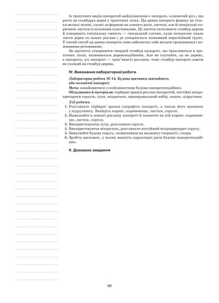80
Із тропічних видів папоротей найцікавішою є папороть «оленячий ріг», що
росте на стовбурах дерев у тропічних лісах. Ця дивна папороть формує не тіль-
ки великі зелені, схожі за формою на оленячі роги, листки, але й спеціальні ко-
ричневі листки із цільними пластинками. Ці листки охоплюють стовбур дерева
й утворюють спеціальну ємність — своєрідний глечик, куди потрапляє опале
листя дерев та інших рослин і де утворюється поживний перегнійний ґрунт.
У такий спосіб ця дивна папороть сама забезпечує себе місцем проживання і по-
живними речовинами.
За здатність утворювати твердий стовбур папороті, що трапляються в тро-
пічних лісах, називаються деревоподібними. Але не плутайте, це не дерево,
а папороть, усі папороті — трав’янисті рослини, тому стовбур папороті зовсім
не схожий на стовбур дерева.
IV. Виконання лабораторної роботи
Лабораторна робота № 14. Будова щитника звичайного,
або чоловічої папороті
Мета: ознайомитися з особливостями будови папоротеподібних.
Обладнання й матеріали: гербарні зразки рослин папоротей, постійні мікро-
препарати сорусів, лупа, мікроскоп, препарувальний набір, зошит, підручник.
Хід роботи
1.	Розгляньте гербарні зразки спорофіта папороті, а також його малюнок
у підручнику. Знайдіть корені, кореневище, листки, соруси.
2.	Намалюйте в зошиті рослину папороті й позначте на ній корені, кореневи-
ще, листки, соруси.
3.	Використовуючи лупу, розгляньте соруси.
4.	Використовуючи мікроскоп, розгляньте постійний мікропрепарат сорусу.
5.	Замалюйте будову сорусу, позначивши на малюнку спорангії і спори.
6.	Зробіть висновок, у якому вкажіть характерні риси будови папоротеподіб-
них.
V. Домашнє завдання
 