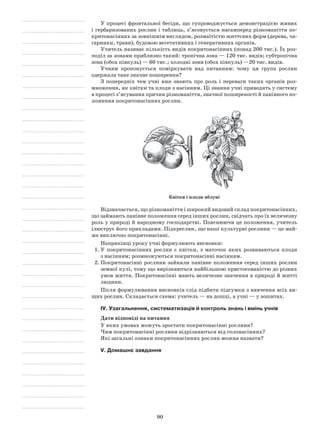 90
У процесі фронтальної бесіди, що супроводжується демонстрацією живих
і гербаризованих рослин і таблиць, з’ясовується насамперед різноманіття по-
критонасінних за зовнішнім виглядом, розмаїтістю життєвих форм (дерева, ча-
гарники, трави), будовою вегетативних і генеративних органів.
Учитель називає кількість видів покритонасінних (понад 200 тис.). Їх роз-
поділ за зонами приблизно такий: тропічна зона — 120 тис. видів; субтропічна
зона (обох півкуль) — 60 тис.; холодні зони (обох півкуль) —20 тис. видів.
Учням пропонується поміркувати над питанням: чому ця група рослин
одержала таке значне поширення?
З попередніх тем учні вже знають про роль і переваги таких органів роз-
множення, як квітки та плоди з насінням. Ці знання учні приводять у систему
в процесі з’ясування причин різноманіття, значної поширеності й панівного по-
ложення покритонасінних рослин.
Квітки і плоди яблуні
Відзначається, що різноманіття і широкий видовий склад покритонасінних,
що займають панівне положення серед інших рослин, свідчать про їх величезну
роль у природі й народному господарстві. Пояснюючи це положення, учитель
ілюструє його прикладами. Підкреслює, що наші культурні рослини — це май-
же виключно покритонасінні.
Наприкінці уроку учні формулюють висновки:
1.	У покритонасінних рослин є квітки, з маточок яких розвиваються плоди
з насінням; розмножуються покритонасінні насінням.
2.	Покритонасінні рослини зайняли панівне положення серед інших рослин
земної кулі, тому що вирізняються найбільшою пристосованістю до різних
умов життя. Покритонасінні мають величезне значення в природі й житті
людини.
Після формулювання висновків слід підбити підсумки з вивчення всіх ви-
щих рослин. Складається схема: учитель — на дошці, а учні — у зошитах.
IV. Узагальнення, систематизація й контроль знань і вмінь учнів
Дати відповіді на питання
У яких умовах можуть зростати покритонасінні рослини?
Чим покритонасінні рослини відрізняються від голонасінних?
Які загальні ознаки покритонасінних рослин можна назвати?
V. Домашнє завдання
 