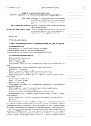 95
ІІ семестр Клас Дата проведення уроку
Урок 47. Пасльонові й Айстрові.
Практична робота № 2. Визначення рослин класу Дводольні
	 Цілі уроку:	ознайомити учнів з основними представниками
родин Пасльонові й Айстрові, їх характерними
ознаками, розмаїтістю й використанням люди-
ною.
	Обладнання й матеріали:	гербарій, ілюстрації, живі та фіксовані квітки
представників родин.
	Базові поняття й терміни уроку:	суцвіття кошик, віночок, пелюстки, зросло-
пелюстковий віночок, язичкова, лійчаста, не-
справжньоязичкова, трубчаста квітки.
Хід уроку
І. Організаційний етап
II. Актуалізація опорних знань і мотивація навчальної діяльності учнів
Питання для бесіди
1. Яке значення для людини мають родини Капустяні?
2. Які риси характерні для рослин родини Бобові?
3. Яке значення для людини мають рослини родини Розові?
III. Вивчення нового матеріалу
Паспорт родини Пасльонові
Родів 95, видів 2 500.
Квітка — Ч(5)П(5)Т5М1.
Поширення — по всьому світу, але найбільш різноманітні в Південній Аме-
риці.
Життєва форма — одно- й багаторічні трави, кущі, ліани.
Запилення — комахами.
Плоди — ягоди або коробочки. Поширюються тваринами.
Найважливіші роди — беладонна, дурман, тютюн, паслін.
Культурні рослини — тютюн, фізаліс, картопля, солодкий перець, бакла-
жан, томат.
Паспорт родини Айстрові
Родів 1 510, видів 20 000.
Квітка — Ч0П(5)Т5М(2).
Поширення — по всьому світу, але найбільш різноманітні в помірних і суб-
тропічних областях.
Життєва форма — одно- й багаторічні трави, рідше кущі й дерева.
Запилення — комахами, рідко вітром.
Плоди — сім’янки. Поширюються тваринами, вітром, водою.
Найважливіші роди — деревій, полин, причепа, будяк, пижмо, кульбаба,
мати-й-мачуха.
Культурні рослини — айстри, хризантеми, соняшник, рудбекія, тагетес.
Це цікаво
Історія поширення картоплі в Європі. Картопля — одна з перших культур-
них рослин — почала вирощуватися індіанцями раніше, ніж зернові. Вирощу-
вання картоплі не було складним. У землю закопували бульбу, а використовува-
ти бульби, що утворюються, можна протягом тривалого часу в потрібний час.
До Європи картопля потрапила завдяки експедиції Христофора Колумба
приблизно в 1535 році. А в 1565 році картопля вже була досить популярною
в Іспанії. Саме з Іспанії картопля поширилася по Європі. Активне впрова-
дження картоплі в культуру почалося у ХVIII ст., причому незвична рослина
 
